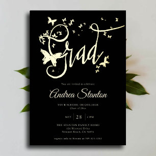 Invitación Con Relieve Metalizado Graduación Mariposas Caligrafía Grad Elegante