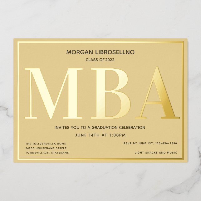 Invitación Con Relieve Metalizado Graduación MBA de oro de Tan (Anverso)