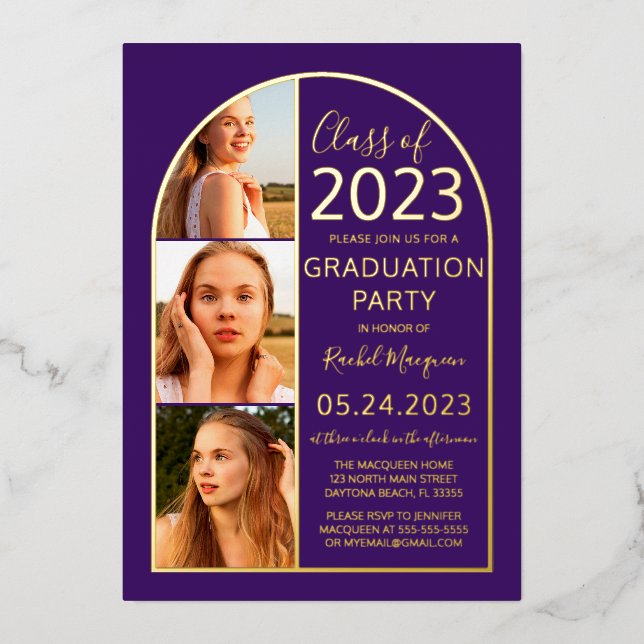 Invitación Con Relieve Metalizado Graduación mínima de la foto del arco púrpura del  (Anverso)