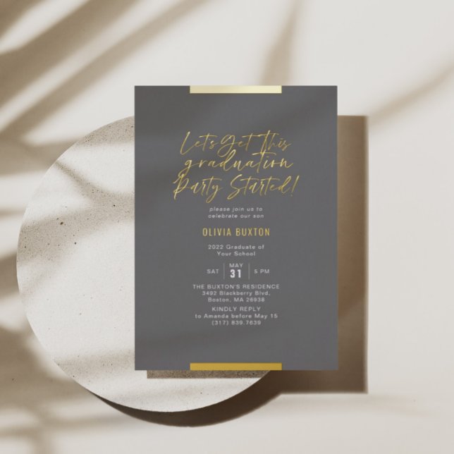 Invitación Con Relieve Metalizado Graduación moderna de caligrafía Rubor Gray Gold (Subido por el creador)