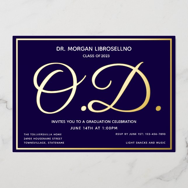 Invitación Con Relieve Metalizado Graduación OD de oro azul (Anverso)