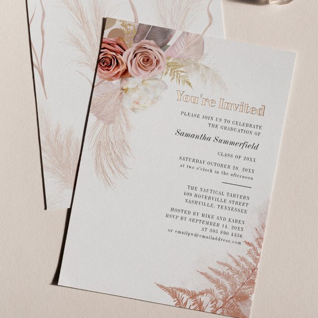 Invitación Con Relieve Metalizado Graduación Pampas Grass Terracotta Graduación 2024 (Pampas Grass Floral Graduation 2024 Party Invitation)