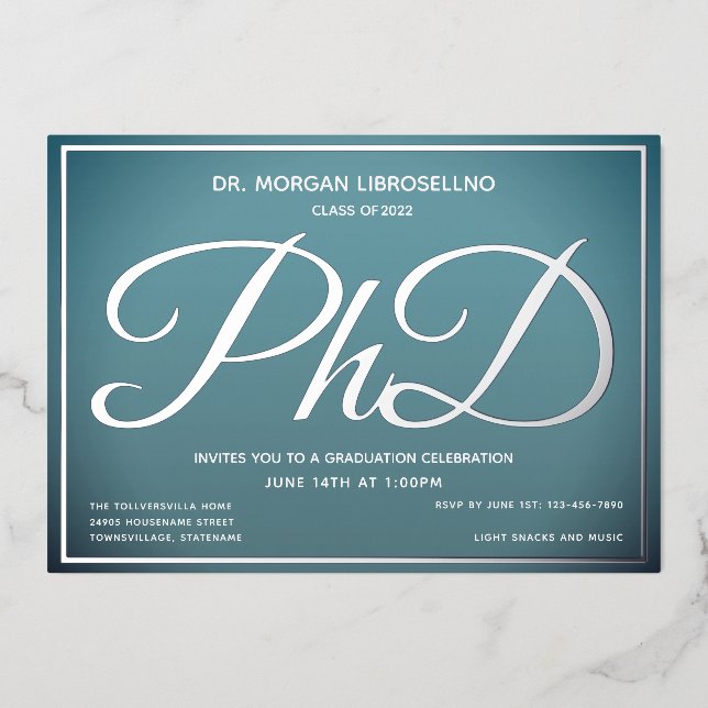 Invitación Con Relieve Metalizado Graduación PhD de Plata Azul (Anverso)