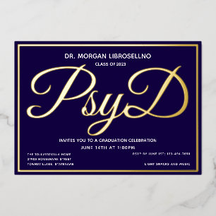 Invitación Con Relieve Metalizado Graduación PsyD de oro azul