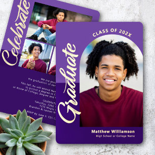Invitación Con Relieve Metalizado Graduación púrpura 4 Fiesta de arco fotográfico or