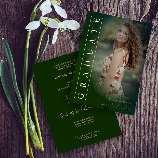 Invitación Con Relieve Metalizado Graduación Real Golden Classic Photo Green Shades (Subido por el creador)