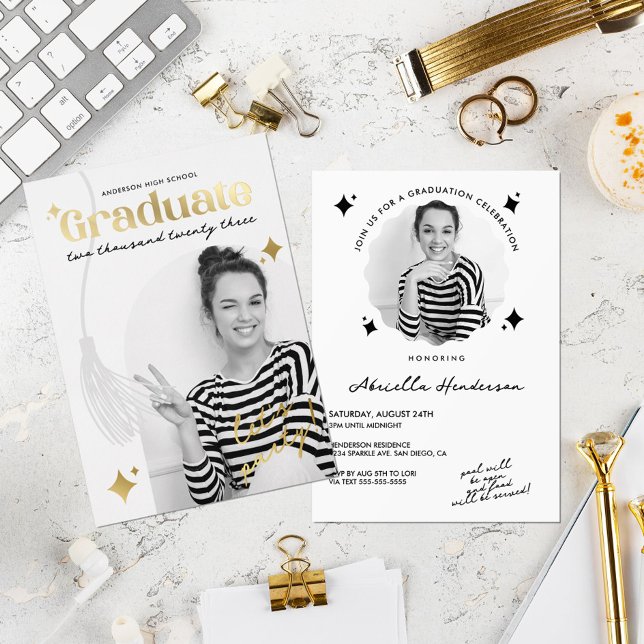 Invitación Con Relieve Metalizado Graduación retro de espuma blanca y negra (Subido por el creador)