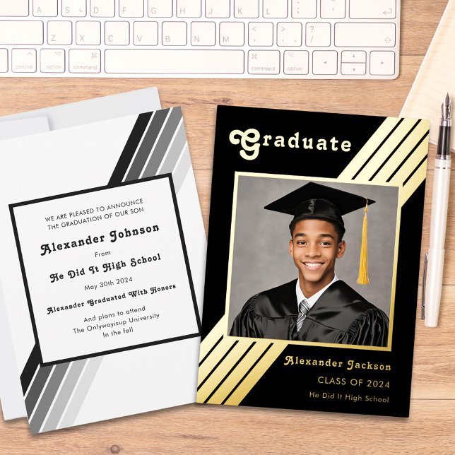 Invitación Con Relieve Metalizado Graduación Retro Stripe Grad Photo Black and Gold  (Retro stripe stylish black and gold grad photo high school graduation announcement )