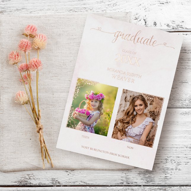 Invitación Con Relieve Metalizado Graduación Romántica entonces y ahora 2 fotos Rosa (Subido por el creador)