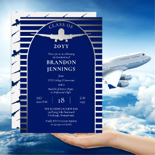 Invitación Con Relieve Metalizado Graduación universitaria en escuela de vuelo para