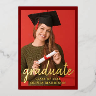 Invitación Con Relieve Metalizado Graduado 2 Foto Graduada Oro Rojo Moderno