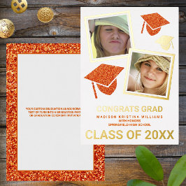 Invitación Con Relieve Metalizado Graduado de Collage de fotos Grad Glam Naranja Cap