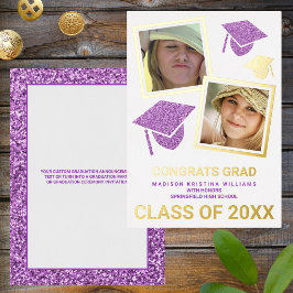 Invitación Con Relieve Metalizado Graduado de Collage de fotos Grad Glam Purple Cap