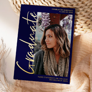 Invitación Con Relieve Metalizado Graduado de oro de la marina de guiones 4 fotos gr