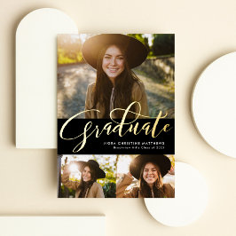 Invitación Con Relieve Metalizado Graduado de oro tres foto graduación negra