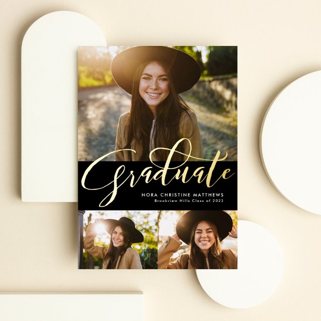 Invitación Con Relieve Metalizado Graduado de oro tres foto graduación negra (Subido por el creador)