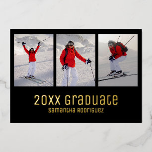 Invitación Con Relieve Metalizado Graduado Gold Black 2025 3 Photo Graduation Party