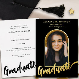 Invitación Con Relieve Metalizado Graduado Photo Arch Guión elegante Oro Negro