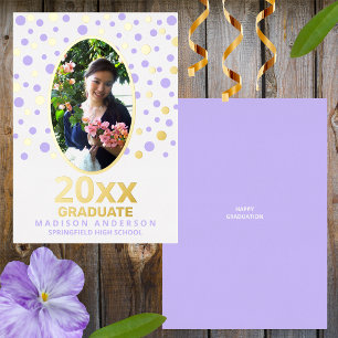 Invitación Con Relieve Metalizado Graduado Polka Dot Oval Foto Purple Gold