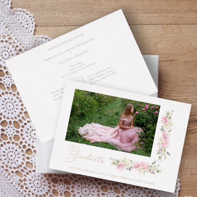 Invitación Con Relieve Metalizado Graduado Romántico de Wreath Floral Rosa Primavera (Subido por el creador)