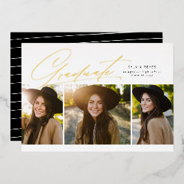 Invitación Con Relieve Metalizado Graduado tres foto elegante y simple graduación