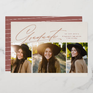 Invitación Con Relieve Metalizado Graduado tres foto simple rosa graduación de oro