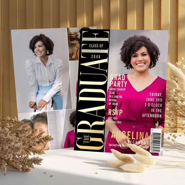 Invitación Con Relieve Metalizado Graduate Fun Trendy Magazine Cover Grad Fiesta (The Graduate Fun Trendy Magazine Cover Grad Party Foil Invitation)
