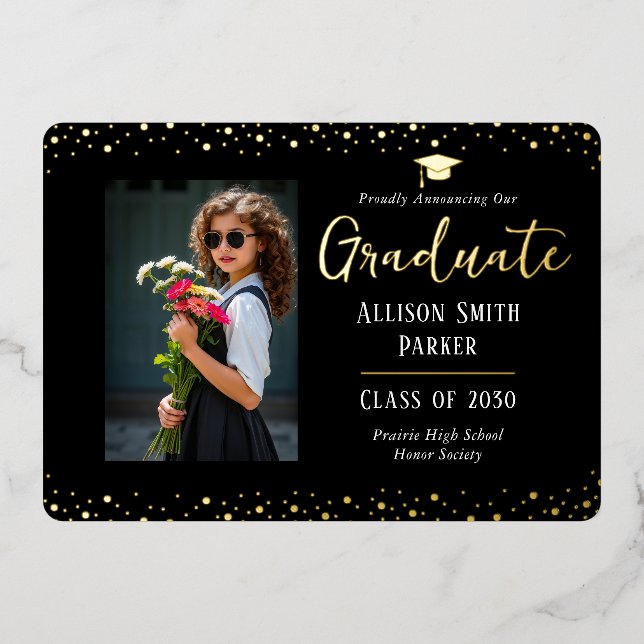 Invitación Con Relieve Metalizado Graduation Announcement Black and Gold Photo (Anverso)