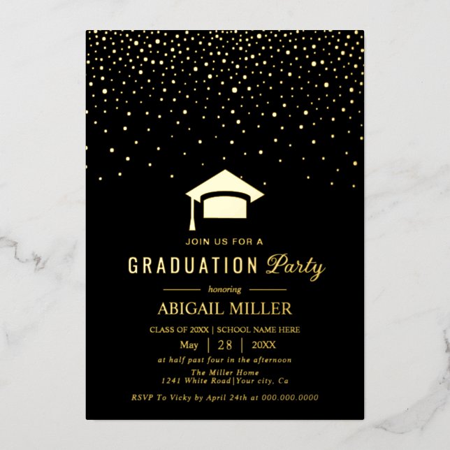 Invitación Con Relieve Metalizado Graduation cap confetti Class Of 2025 black (Anverso)