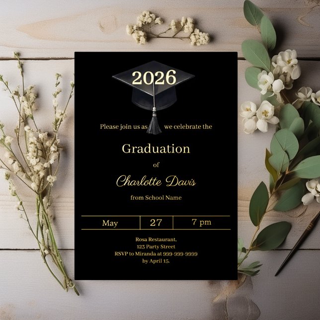 Invitación Con Relieve Metalizado Graduation party black gold class of 2026 luxury (Subido por el creador)