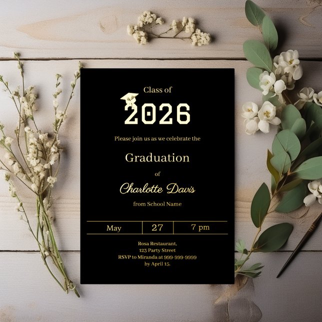 Invitación Con Relieve Metalizado Graduation party black gold class of 2026 luxury (Subido por el creador)