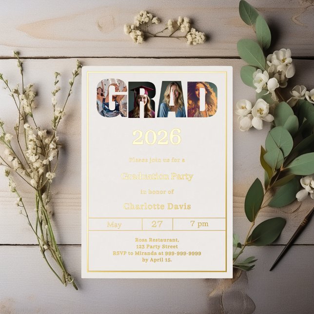 Invitación Con Relieve Metalizado Graduation party ivory gold grad photo (Subido por el creador)