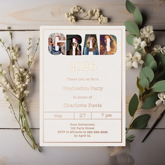 Invitación Con Relieve Metalizado Graduation party ivory rose gold grad photo luxury (Subido por el creador)