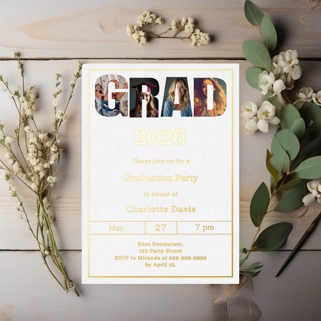 Invitación Con Relieve Metalizado Graduation party white gold grad photo luxury (Subido por el creador)