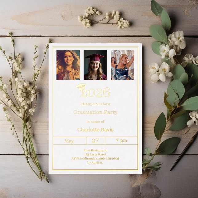 Invitación Con Relieve Metalizado Graduation party white gold photo luxury (Subido por el creador)