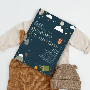 Invitación Con Relieve Metalizado Gran Adventure Boy Navy Baby Shower Gold