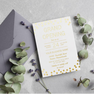 Invitación Con Relieve Metalizado Gran Apertura Comercial de Confeti Blanco y Dorado