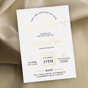 Invitación Con Relieve Metalizado Gran Apertura Empresarial Lujo Minimal Oro