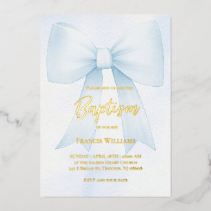 Invitación Con Relieve Metalizado gran arco azul pastel   Bautismo