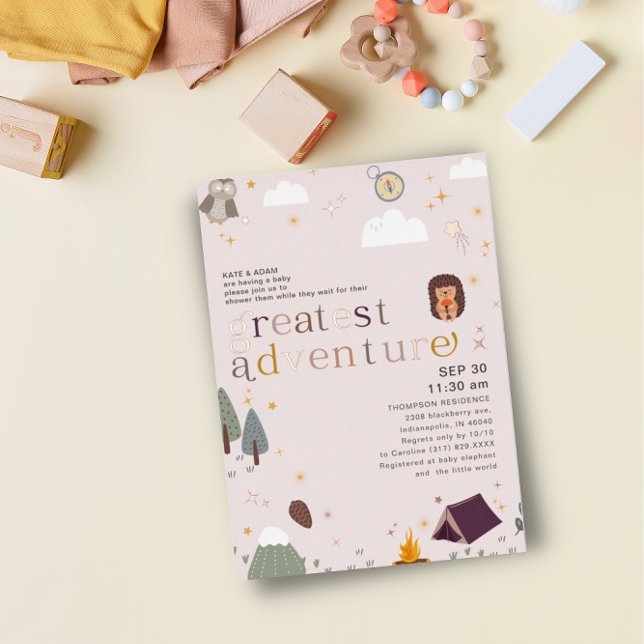 Invitación Con Relieve Metalizado Gran Chica de aventuras Rosa Baby Shower Rosa Gold (Subido por el creador)