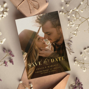 Invitación Con Relieve Metalizado Gran Foto de Hoja de Oro Save the Date