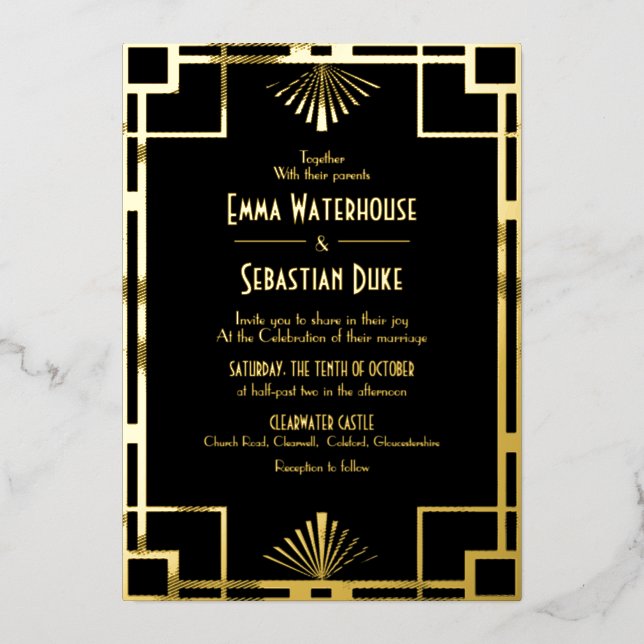 Invitación Con Relieve Metalizado Gran Gatsby Art Deco Boda de lujo (Anverso)