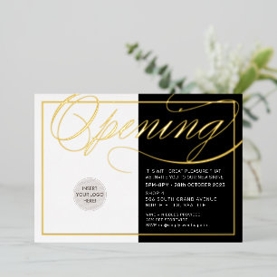 Invitación Con Relieve Metalizado GRAND OPENING logotipo moderno oro negro simple