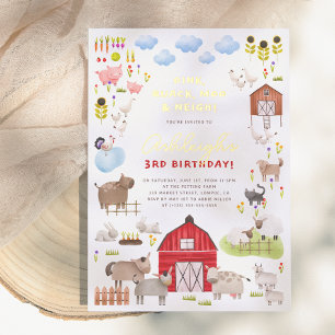 Invitación Con Relieve Metalizado Granja brillante Animales Barnyard Fiesta de cumpl