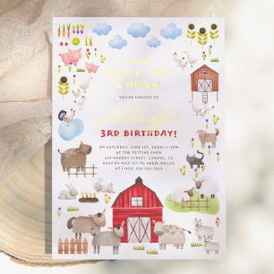 Invitación Con Relieve Metalizado Granja de Animales Brillantes Fiesta de Cumpleaños