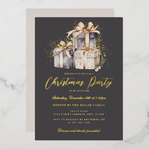 Invitación Con Relieve Metalizado Gray Gold Shimmer Presenta Fiesta de Navidad