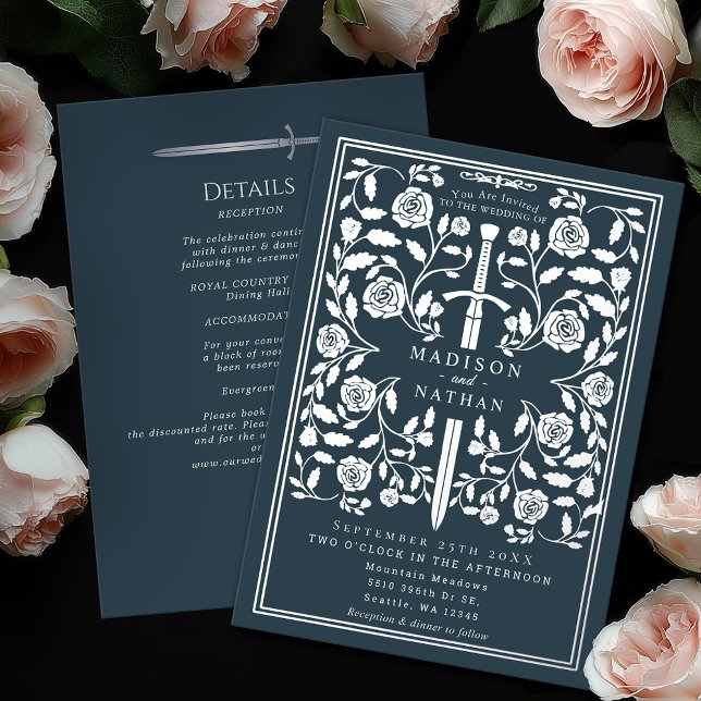 Invitación Con Relieve Metalizado Gray Royal Medieval Silver Sword Wedding Details (Subido por el creador)
