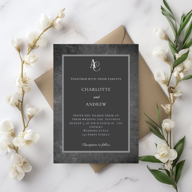 Invitación Con Relieve Metalizado Gray silver modern monogram rustic wedding (Subido por el creador)