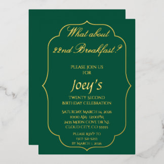 Invitación Con Relieve Metalizado Green and Gold Breakfast Birthday Invitations