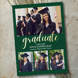Invitación Con Relieve Metalizado Green and Gold Script 4 photos Graduated
